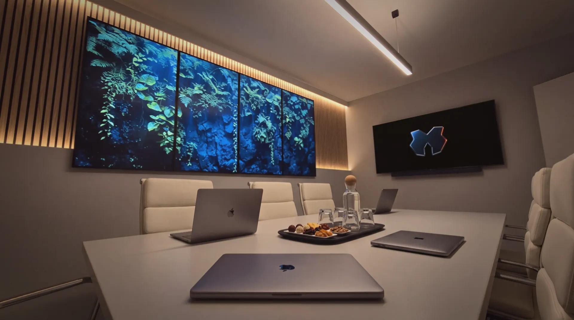 The Designco boardroom, botanical wall and the mark on screen