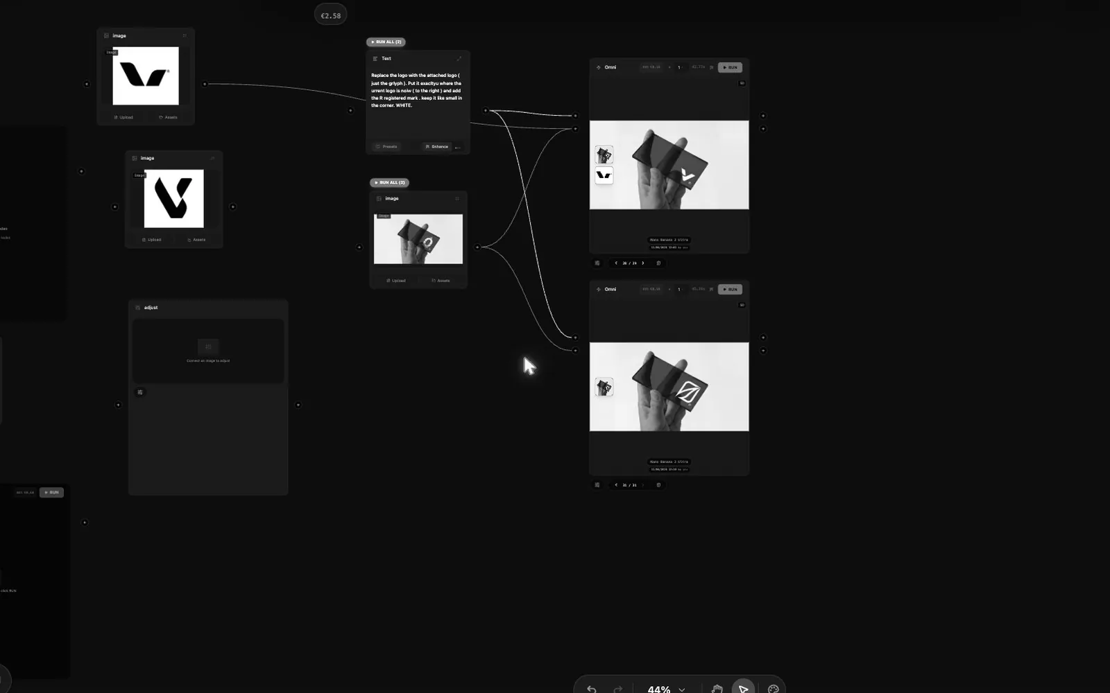 A FlowNode canvas connecting brand references, creative instructions and generated packaging studies