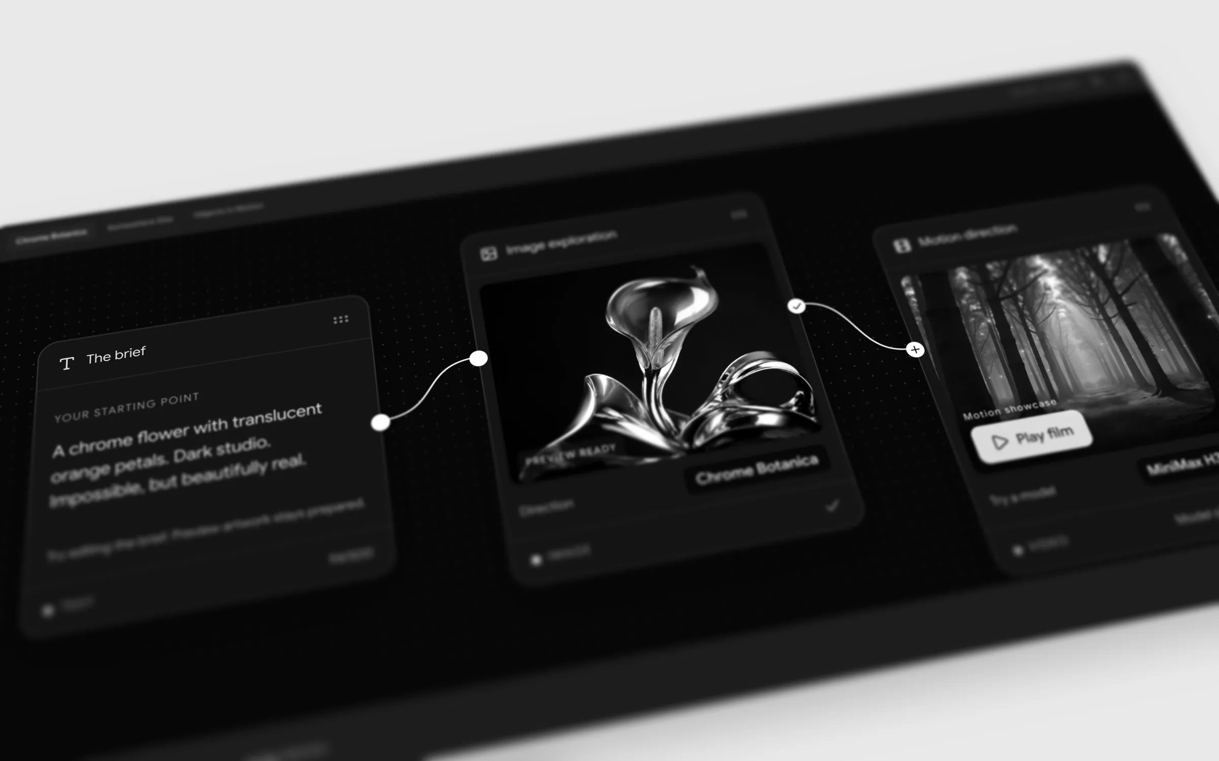 A FlowNode canvas connecting brand references, creative instructions and generated packaging studies