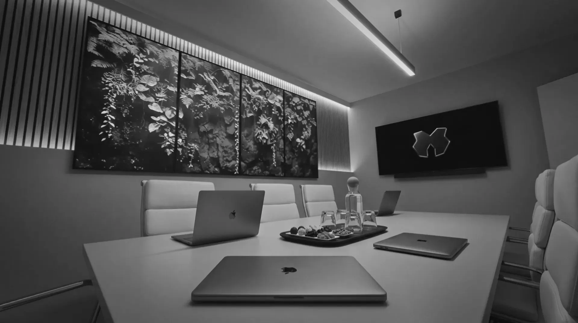 The Designco boardroom, botanical wall and the mark on screen
