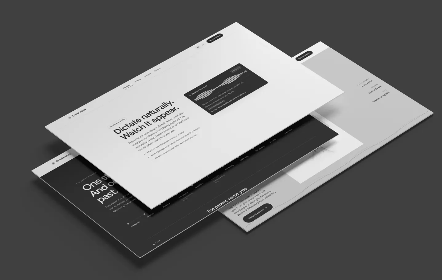 Omnimedica product website presented as layered screens explaining Greek medical dictation