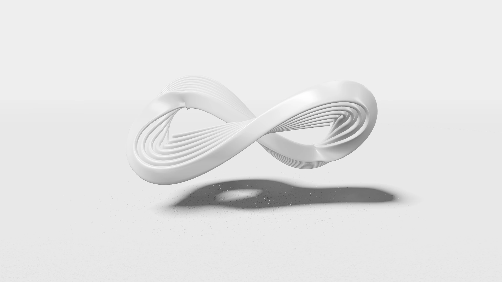 Interwoven porcelain ribbons rolling above a white powder floor
