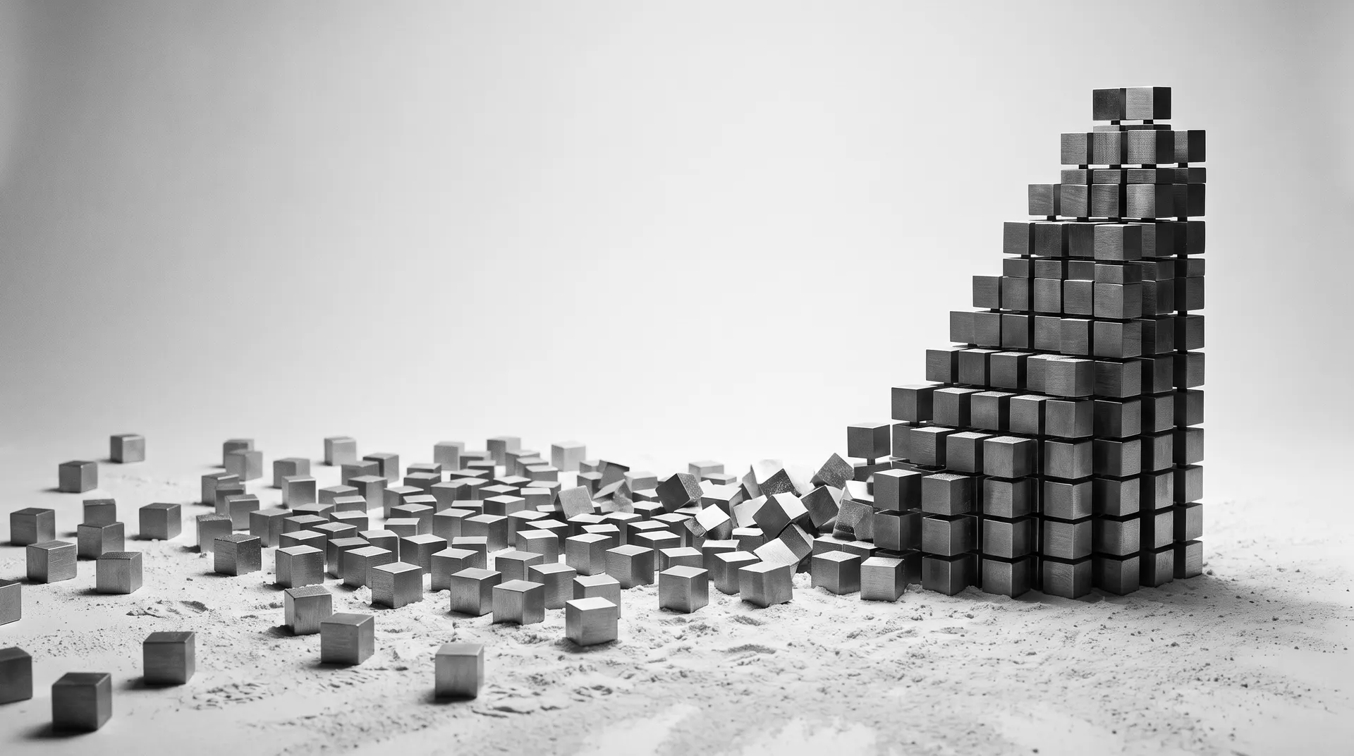 Hundreds of scattered brushed-steel cubes on a white powder floor, aligning into one ordered tower
