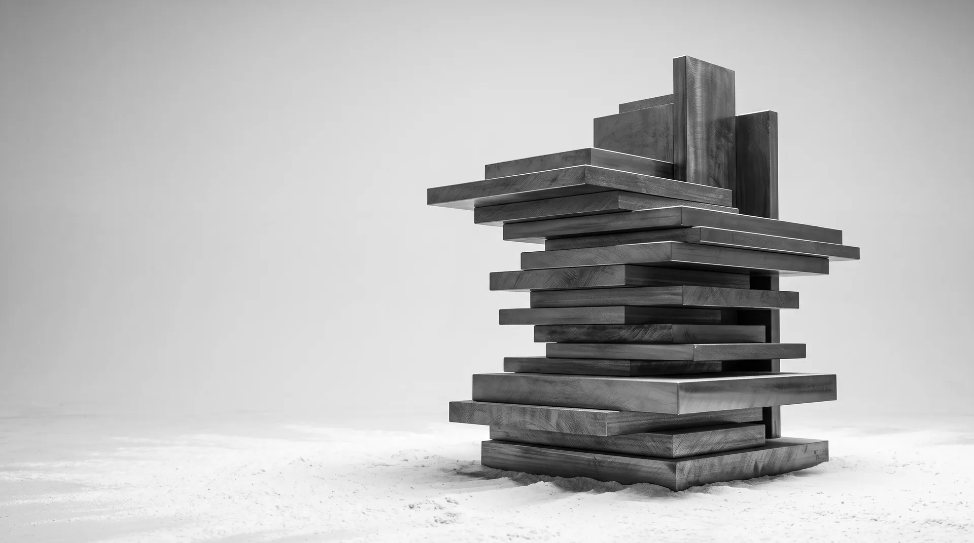 Stacked graphite slabs cantilevered into one interlocking sculpture on a white powder floor