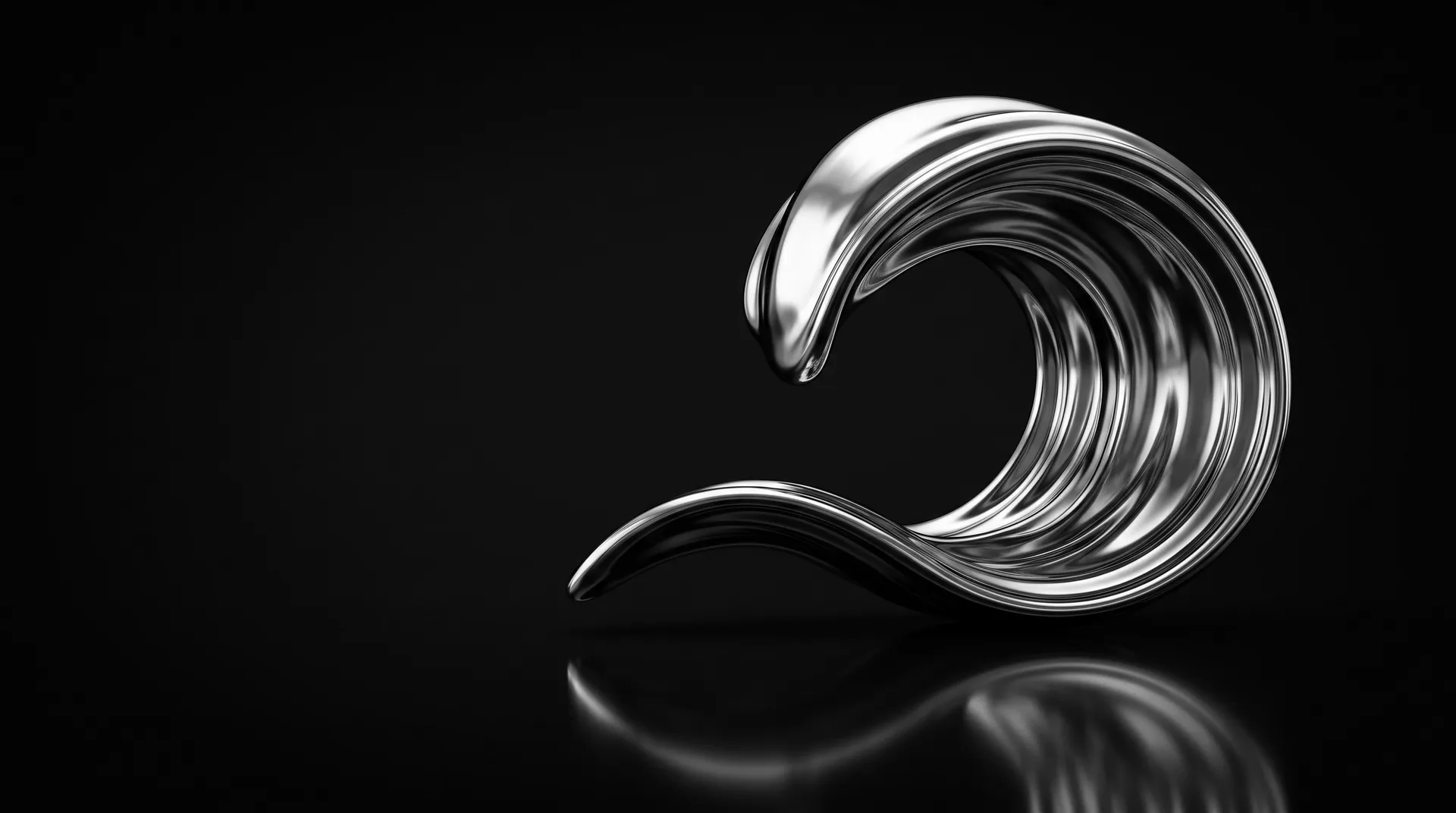 Liquid chrome frozen into a curling wave above a glossy black floor