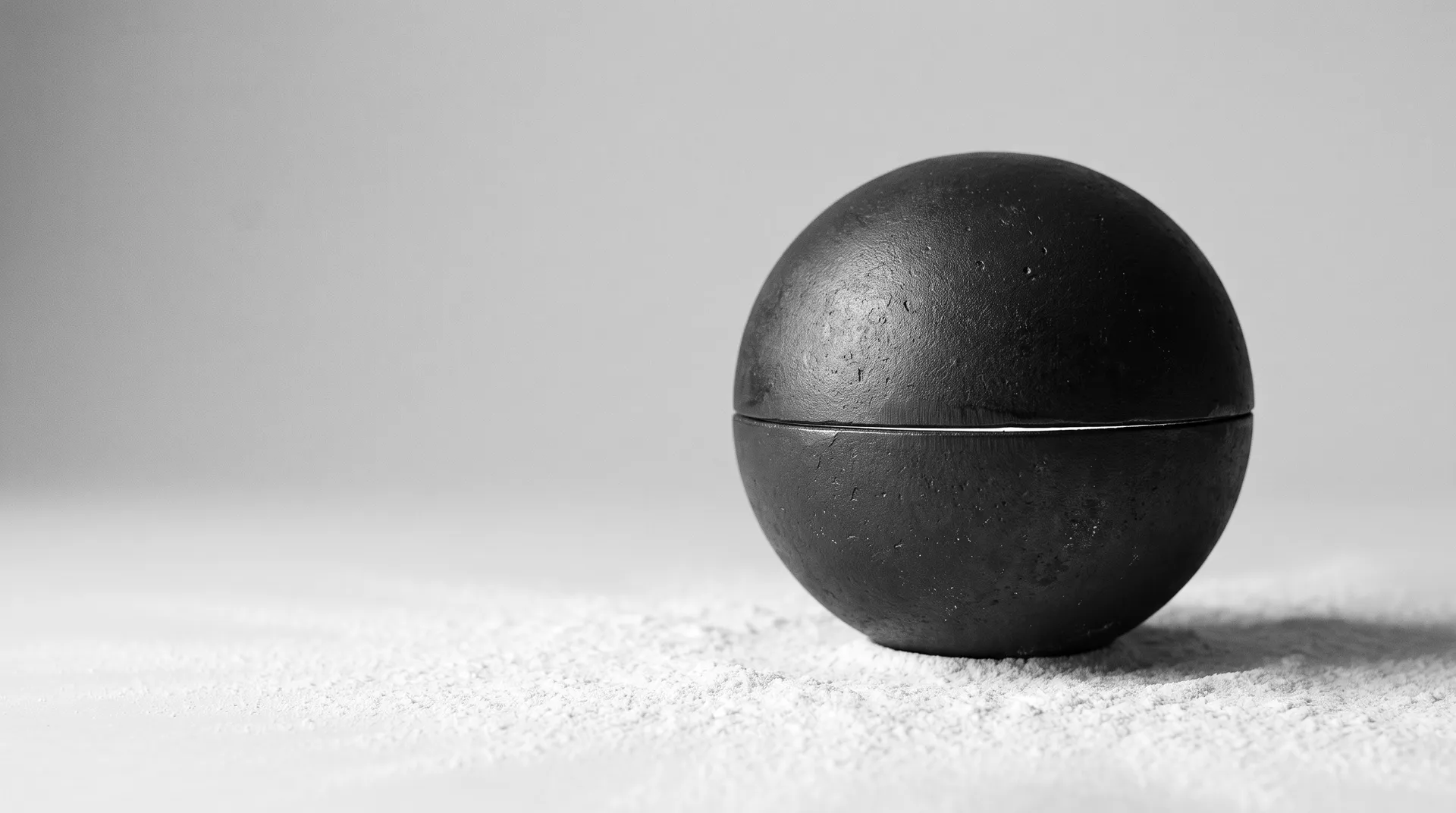 A sealed sphere of dark cast iron with a single hairline seam resting on white powder