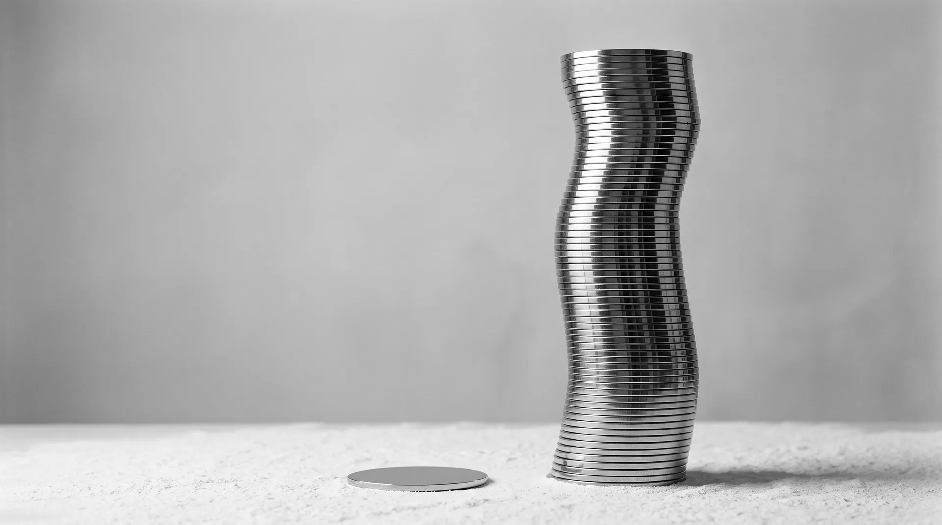 A tall twisting column of thin polished steel discs beside a single disc lying on white powder