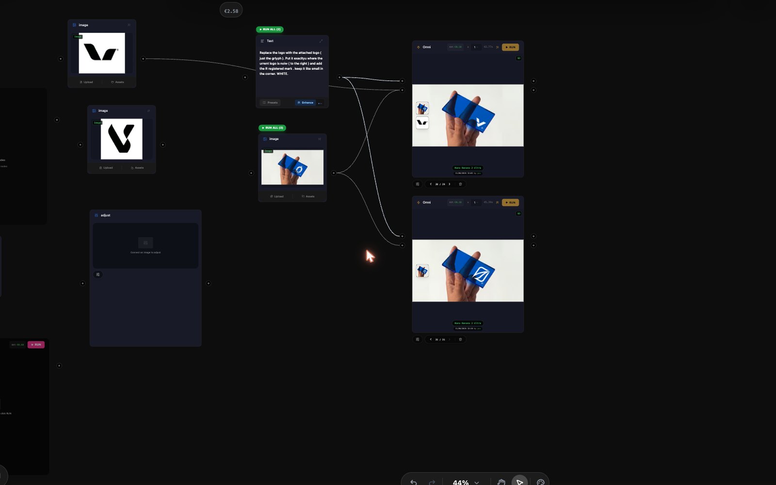 A FlowNode canvas connecting brand references, creative instructions and generated packaging studies