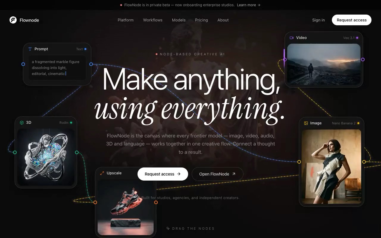 Flownode generative canvas hero section on desktop
